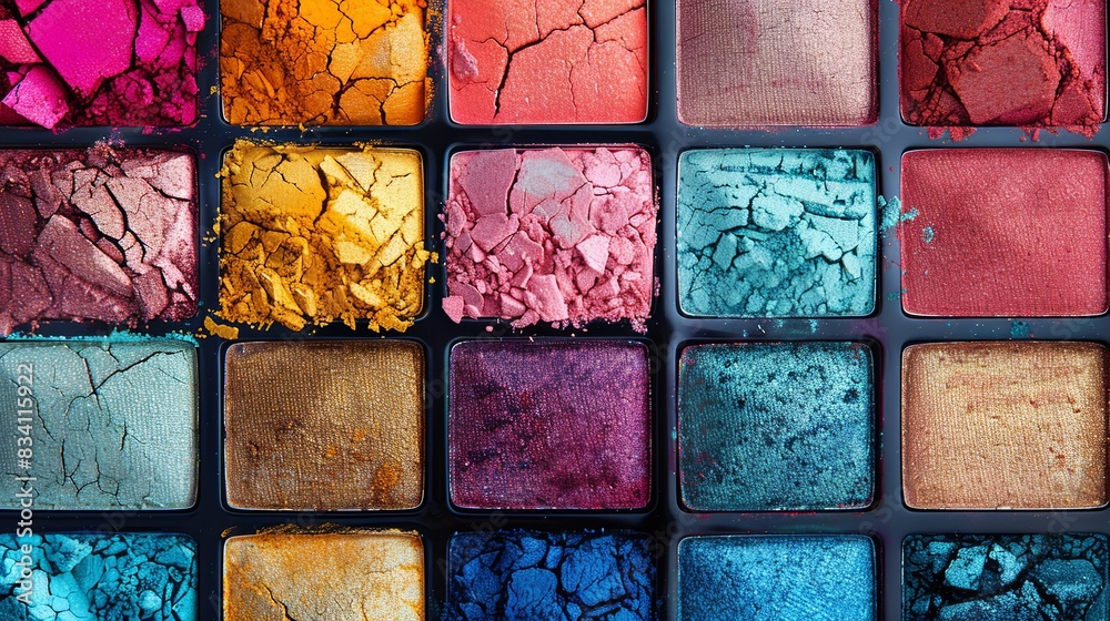 Detailed close up of a colorful eyeshadow palette showcasing its bright, vibrant hues and textured surface. Generative AI Detailed close up of a colorful eyeshadow palette showcasing its bright, vibrant hues and textured surface. Generative AI