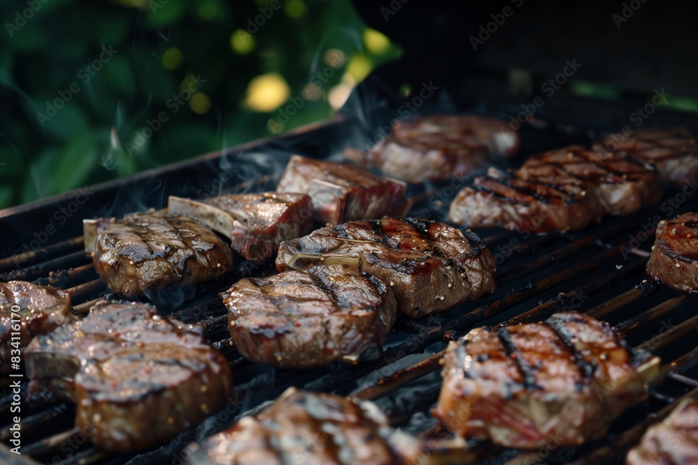 Close-up of juicy steaks grilling on a barbecue grill Close-up of juicy steaks grilling on a barbecue grill