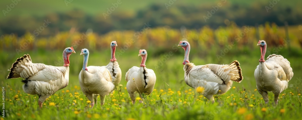flock of turkeys amidst a field with blooming yellow flowers, conveying a sense of wilderness