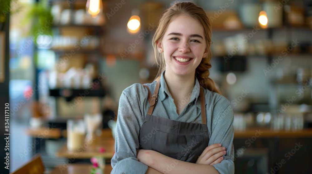 Happy young female barista wearing an apron stands in a cozy cafe