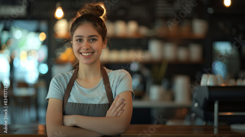 Smiling young woman in apron standing proudly in a trendy café