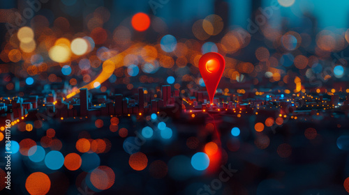 3D rendering, map of the city with red pin point on it, bokeh background, orange and blue light effect