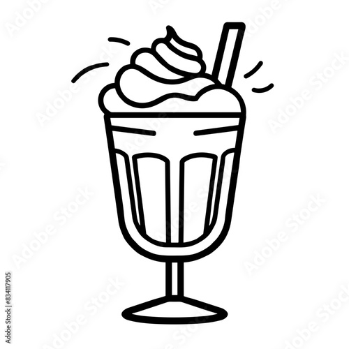 Milkshake Glass Icon with Whipped Cream and Straw in Black Outline