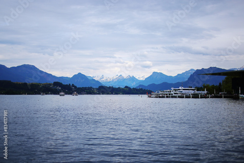 blue lake and mountain in Lucerne-Luzern in Switzerland with sunlight