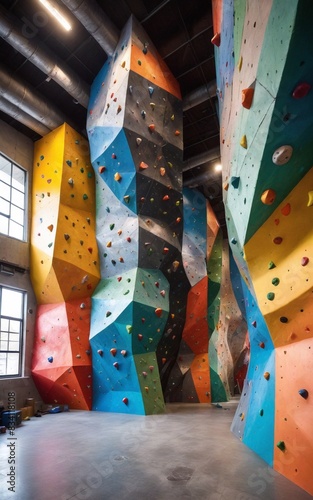 indoor climbing gym filled with colorful artificial rock climbing walls.