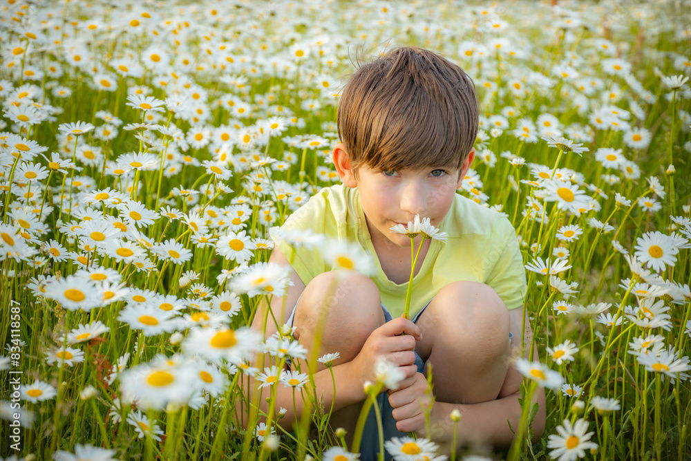 A young boy in a light green shirt sits among blooming white daisies, holding a bouquet close to his face. The field is filled with flowers, creating a cheerful and natural scene. A young boy in a light green shirt sits among blooming white daisies, holding a bouquet close to his face. The field is filled with flowers, creating a cheerful and natural scene.