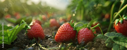  ripe strawberries in a sunlit field with flowers and greenery.