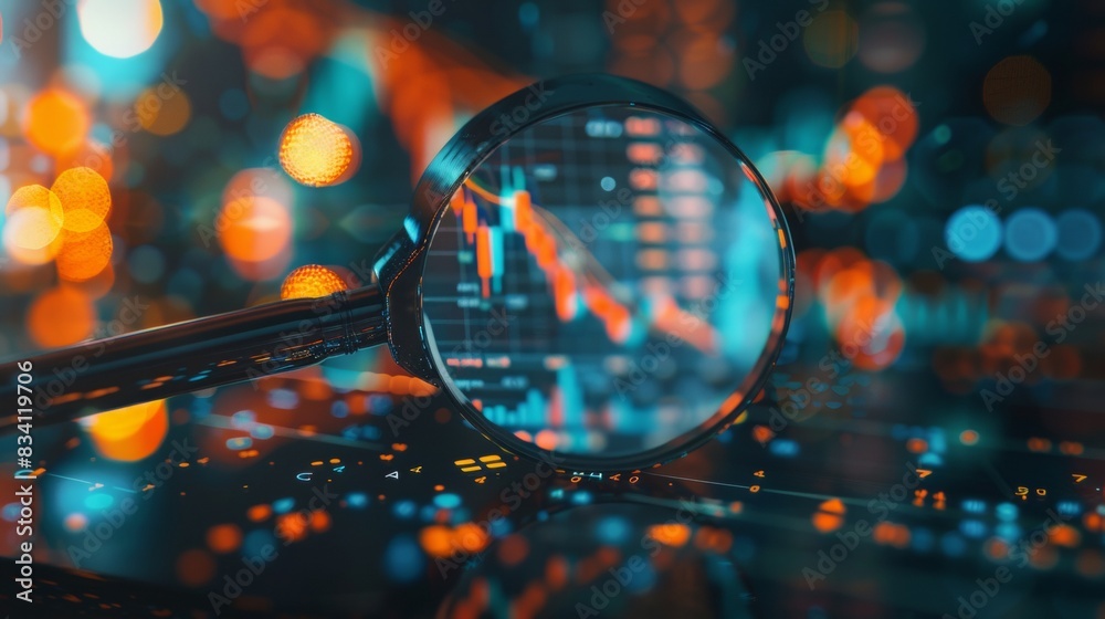 A magnifying glass over financial data charts and graphs examining stock market analysis in the style of a real photo
