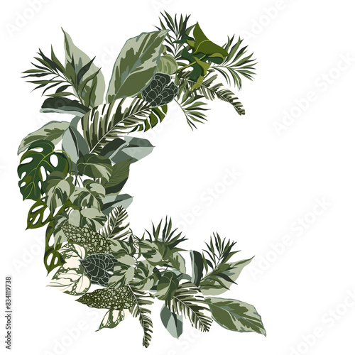 Wreath with hand draw simple green tropical leaves, exotic palm leaf, monstera, isolated on transparent background. 