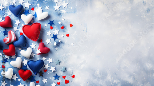 Patriotic hearts and stars celebrating USA Independence Day. Generative AI image