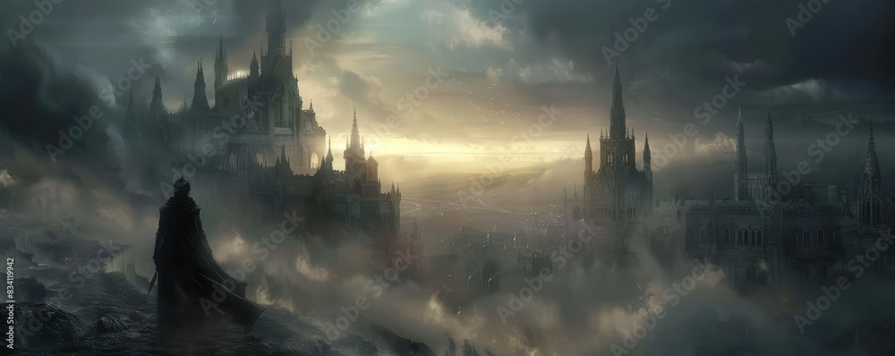Obraz premium Mysterious and digital artwork of a dark, gothic city shrouded in mist, with a foreboding vibe
