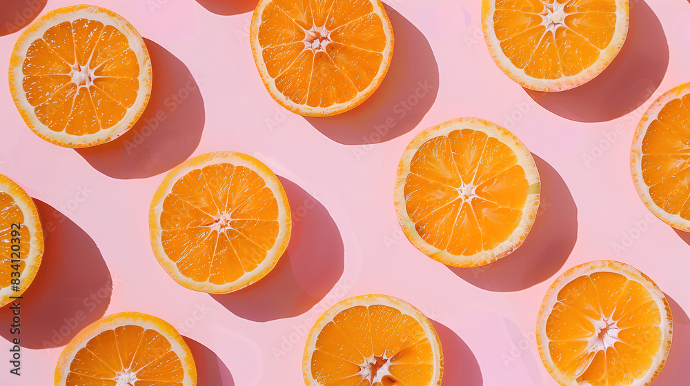 Fresh Halved Oranges on a Pink Background. Generative AI image Fresh Halved Oranges on a Pink Background. Generative AI image