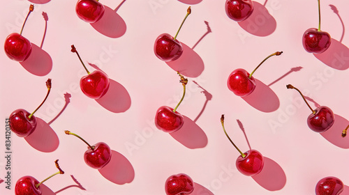 Fresh cherries casting shadows on a pink background. Generative AI image