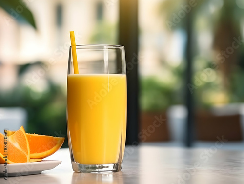 A Glass of orange juice with slice of orange  Refreshing and healthy orange juice ice in a glass with summer background  orange juice photo
