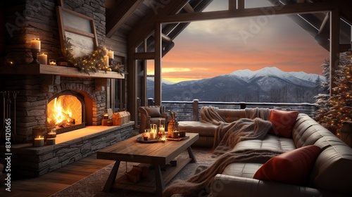 A cozy living room decorated for Christmas, with a roaring fireplace, a beautifully adorned Christmas tree, and a view of snowy mountains through the window.   © Awais