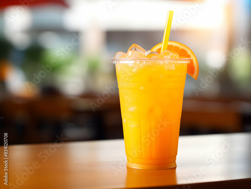 A Glass of orange juice with slice of orange  Refreshing and healthy orange juice ice in a glass with summer background  orange juice photo