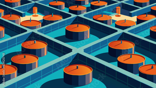 From a birds eye view the seemingly neverending rows of storage tanks that hold the refined petroleum appear as a maze of steel and concrete.. Vector illustration