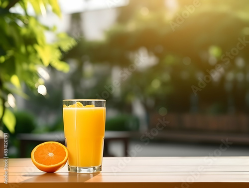 A Glass of orange juice with slice of orange  Refreshing and healthy orange juice ice in a glass with summer background  orange juice photo