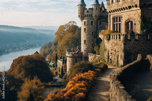 Majestic castle overlooking a river amid autumn foliage. Generative AI image photo