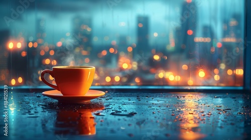 The view of a cup of coffee with city lights at night and a tasty cappuccino on an urban background photo