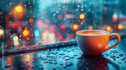 City lights at night, cup of coffee on urban background, tasty cappuccino photo
