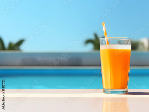 A Glass of orange juice with slice of orange, Refreshing and healthy orange juice ice in a glass with summer background, orange juice photo