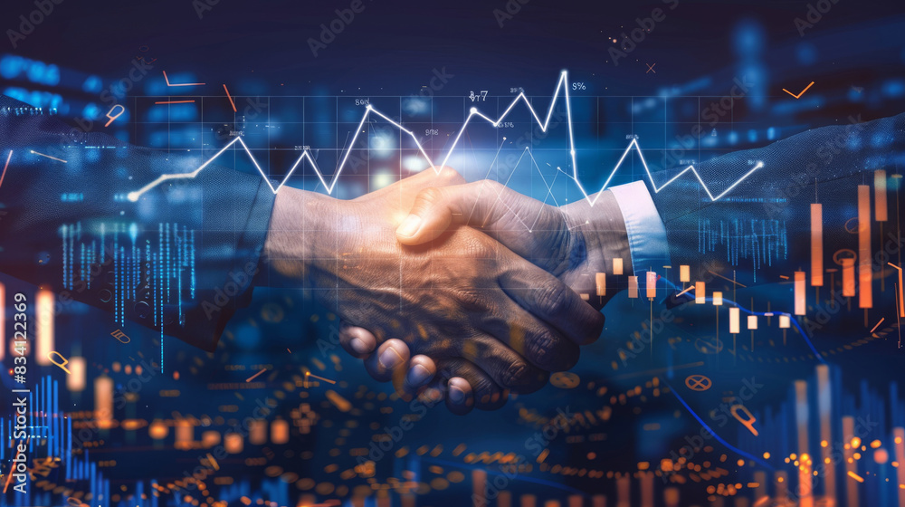 Double exposure image of a handshake with stock market indicators, symbolizing a financial agreement Double exposure image of a handshake with stock market indicators, symbolizing a financial agreement