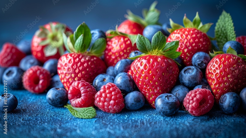Strawberry, blueberry, and raspberry on a blue background Strawberry, blueberry, and raspberry on a blue background