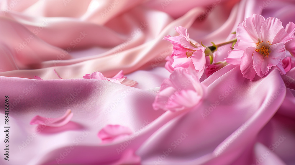 Mauve fabric with delicate folds adorned with flowers and petals. Silk satin backdrop. Copy space Mauve fabric with delicate folds adorned with flowers and petals. Silk satin backdrop. Copy space