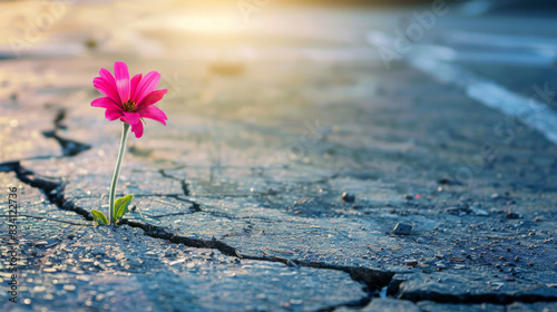 Lone pink flower emerges from the broken pavement, soaking up the warm sunlight