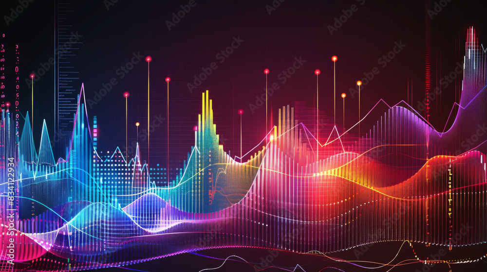 Tech-inspired background with vibrant financial chart graphics in abstract illustration Tech-inspired background with vibrant financial chart graphics in abstract illustration