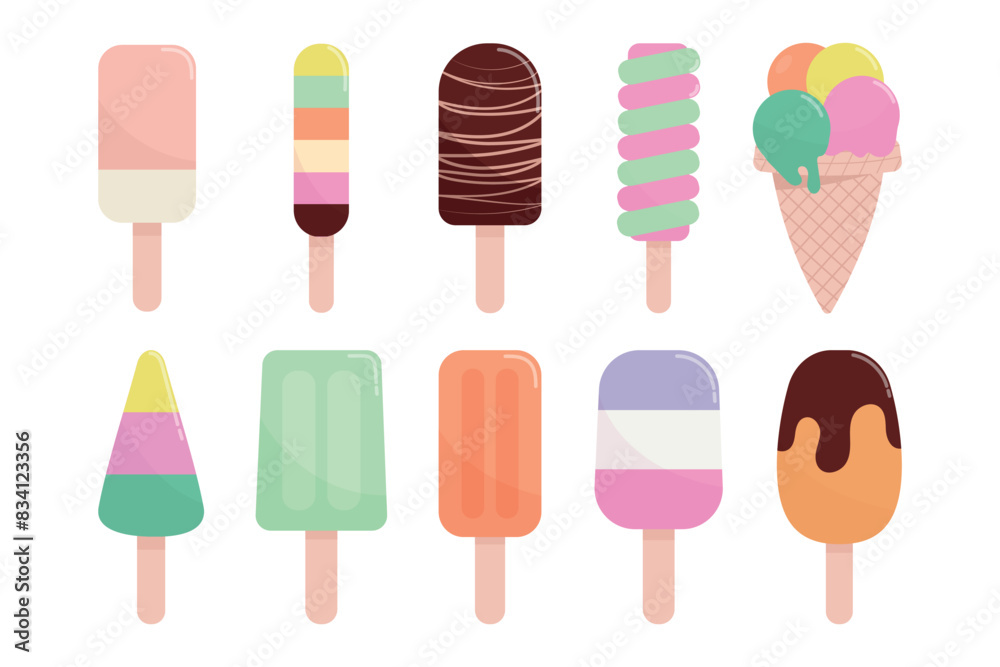 Ice cream set. Ice cream with different flavors, cone and popsicle. Ice cream set. Ice cream with different flavors, cone and popsicle.