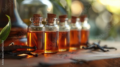 Aromatically scented small vanilla extract bottles placed on the table