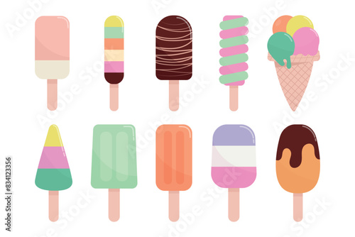 Ice cream set. Ice cream with different flavors, cone and popsicle.
