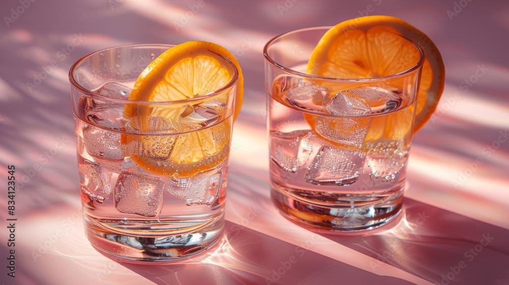 On a pink background, tequila shots with lemon slices On a pink background, tequila shots with lemon slices