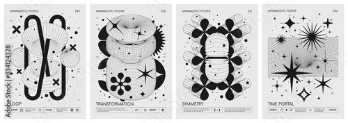 Brutalist style vector minimalistic Posters with silhouette basic figures, Retro futuristic graphic elements of geometrical shapes rave composition, Modern monochrome print artwork, set 63 photo
