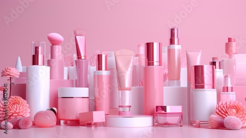 A row of pink beauty products are displayed on a white background