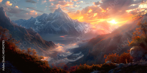 Imagen de un paisaje de montaña con el cielo al atardecer tipo boscoso ideal para fondos  photo