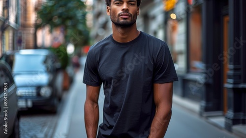 Black t-shirt mockup of confident man on urban street