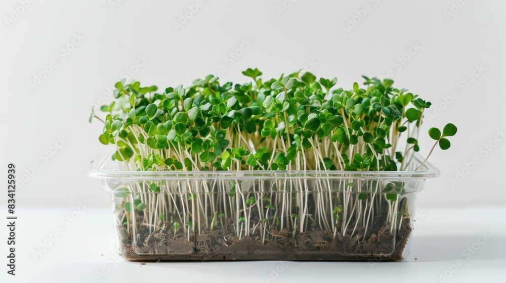 Microgreen in a transparent container. White background Microgreen in a transparent container. White background