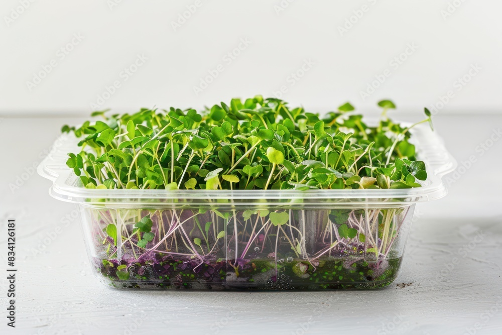 Microgreen in a transparent container. White background Microgreen in a transparent container. White background