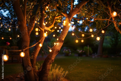 String lights illuminate a tree in a backyard at dusk photo