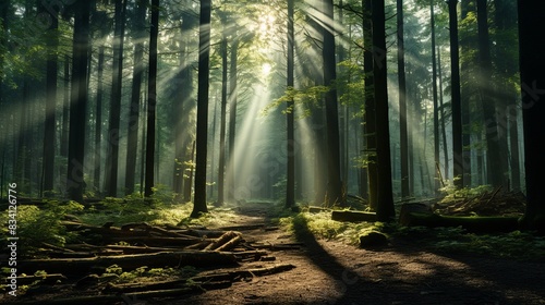A dense  misty forest with tall trees and a sunbeam filtering through the canopy 