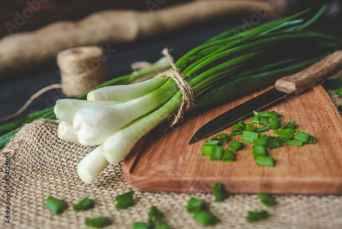 Fresh green onions on a cutting board