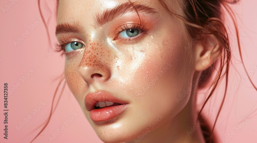 A woman with a pink background and a blue eye A woman with a pink background and a blue eye