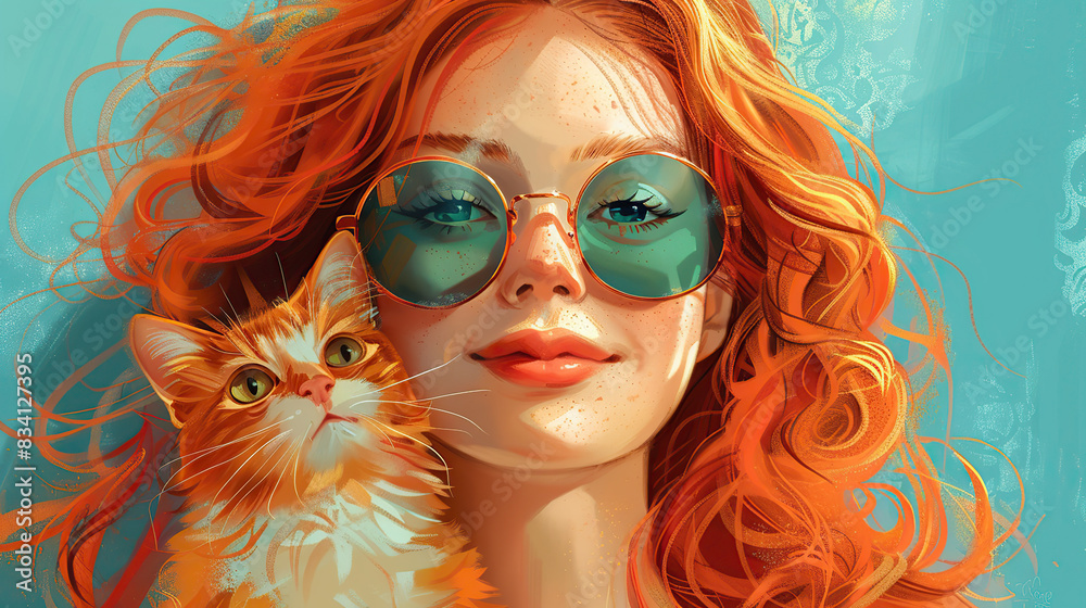 red-haired girl with a cat, ginger girl with a kitten, auburn-haired girl with a feline, redhead girl with a cat, girl with red hair and a cat, fiery-haired girl with a kitty, russet-haired girl with 