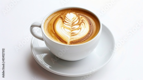 A hot latte with beautiful latte art is in a white cup and saucer on a white background.