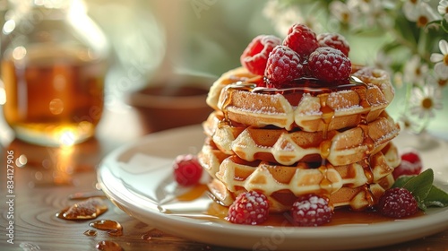 Morning breakfast, tasty dessert, maple syrup waffles photo