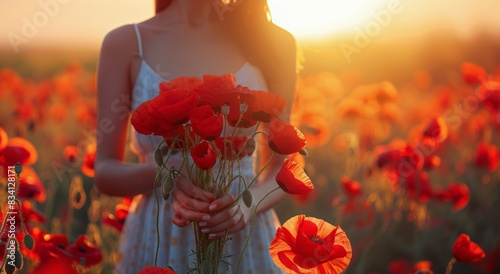 Woman Holding Bouquet of Red Flowers
