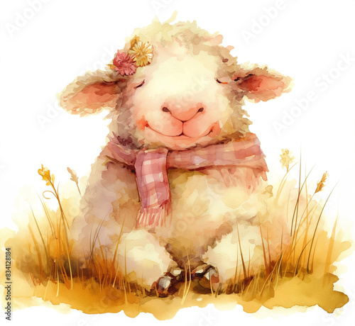 Watercolor illustration for nursery of cute funny sheep on white backgrounds